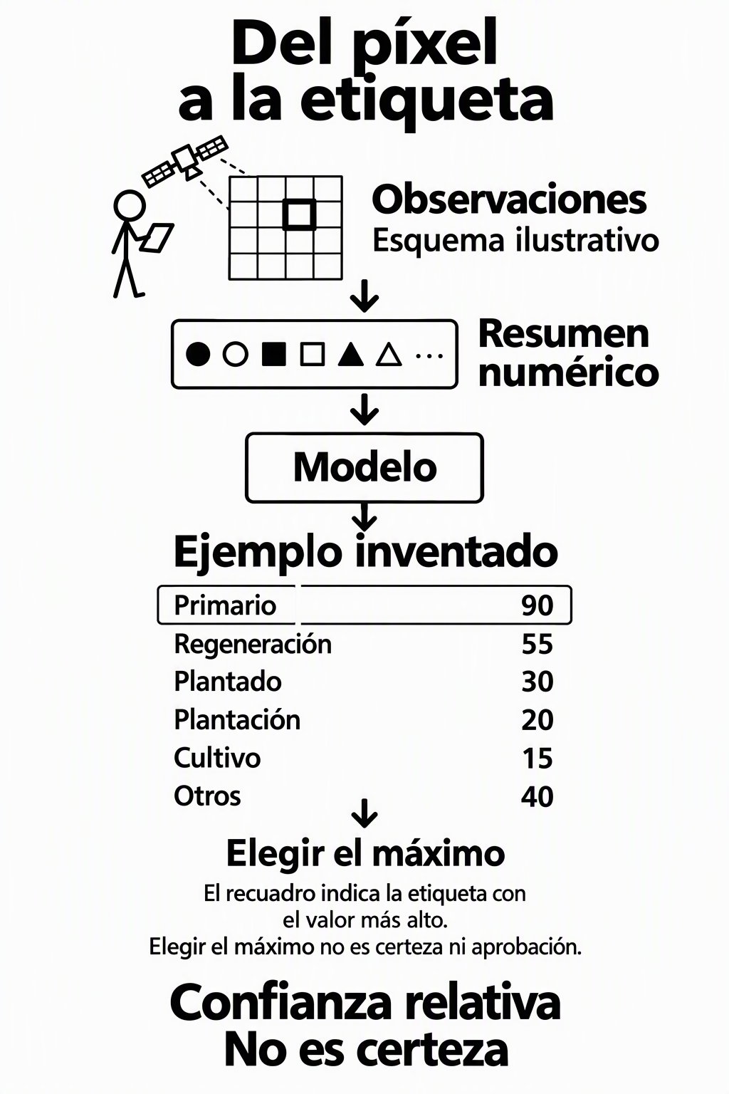 Esquema de observaciones resumidas que entran a un modelo y producen seis puntuaciones del ejemplo inventado: primario 90, regeneración 55, plantado 30, plantación 20, cultivo 15 y otros 40. Se elige primario por ser el máximo, sin convertir la puntuación en certeza. El dibujo no identifica una parcela real.