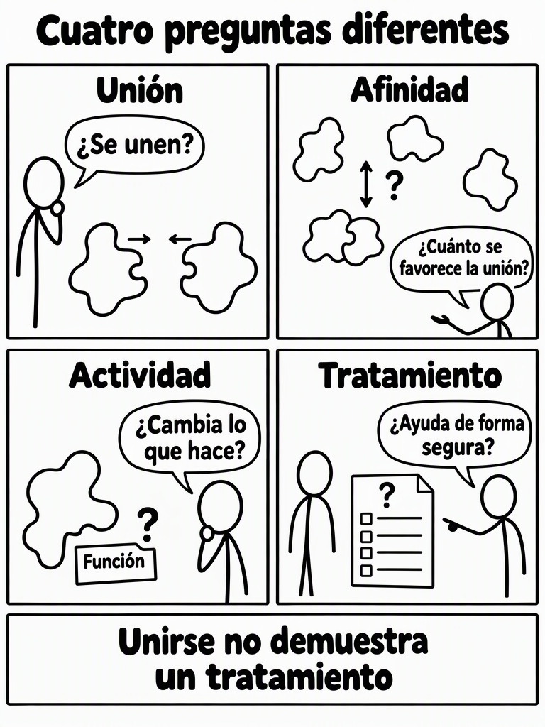 Cuatro escenas de figuras de palo distinguen unión, afinidad, actividad y tratamiento. Se pregunta si las proteínas se unen, cuánto se favorece su asociación, si cambia lo que hace la diana y si existe un beneficio seguro. Son preguntas independientes, sin resultados o éxito clínico representados.
