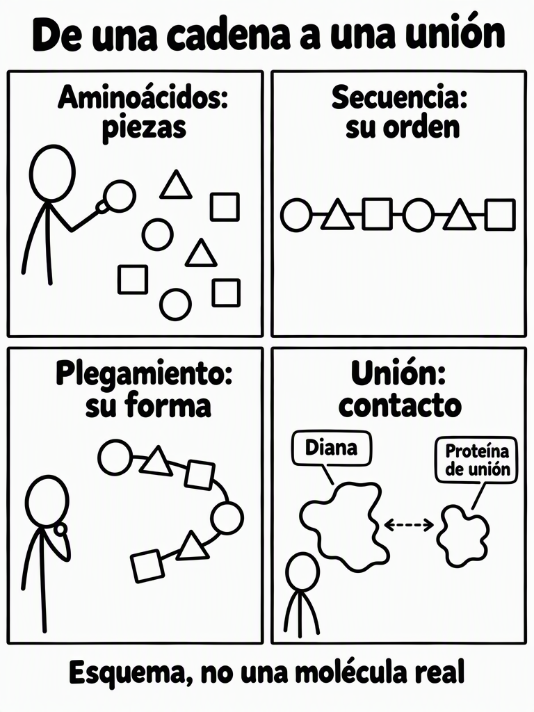 Esquema de cuatro escenas con figuras de palo y piezas abstractas: aminoácidos como eslabones, secuencia como su orden, plegamiento como forma de la cadena y unión como contacto entre una proteína diana y otra proteína de unión. No representa una secuencia o estructura molecular real.