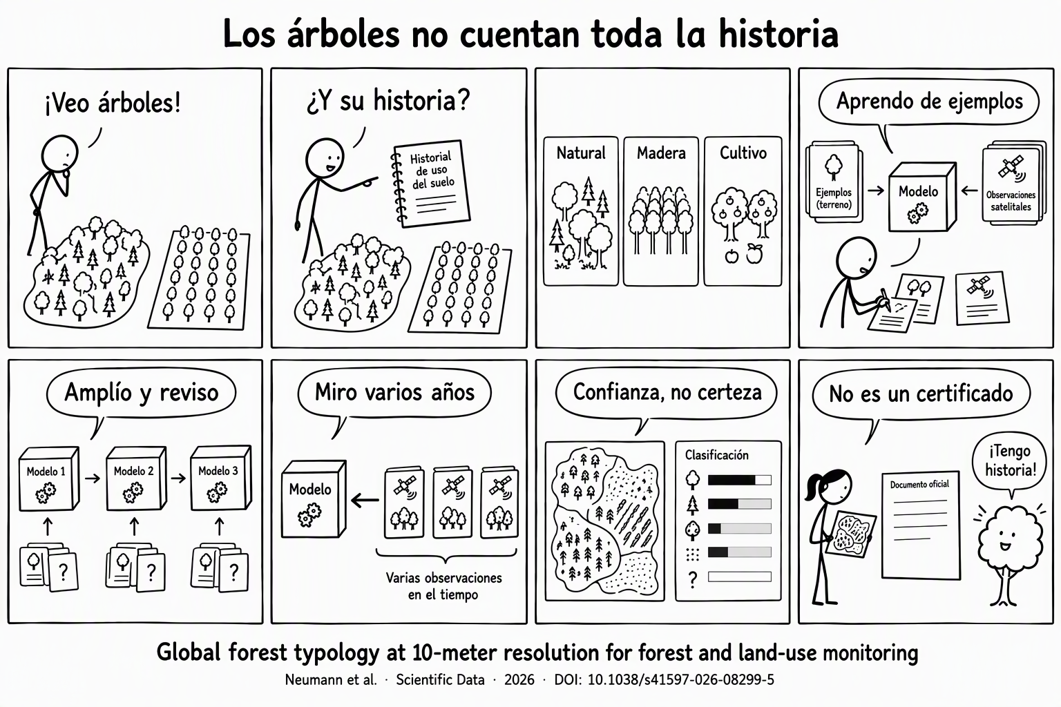 Ocho paneles de figuras de palo comparan terrenos arbolados de apariencia similar pero usos distintos. Un mapa aprende de ejemplos, amplía sus etiquetas y consulta varios años. Una figura señala que sus puntuaciones expresan confianza, no certeza, y que un mapa no es un certificado. Los árboles y tarjetas son metáforas, no imágenes satelitales o datos del estudio.